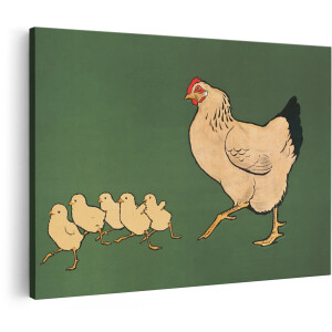 Artaza Canvas Schilderij Kip Met Kuikens - 150x100 cm - Groot - Vintage Wanddecoratie Dieren - Muurdecoratie Boerderij - Decoratie Woonkamer