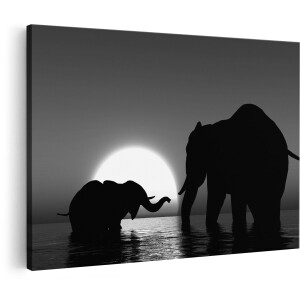 Artaza Canvas Schilderij Twee Olifanten in het Water bij Zonsondergang - Zwart Wit - 150x100 cm - Groot - Foto Op Canvas - Wanddecoratie