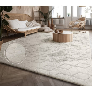 Flycarpets Zacht fluffy vloerkleed - Arinzo Geo Crème - 160x220 cm - Hoogpolig Tapijt Woonkamer / Slaapkamer / Kinderkamer