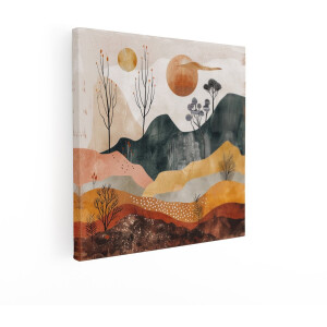 Artaza Canvas Schilderij Abstract Landschap met Bomen en Cirkels in Aardse Tinten - 90x90 cm - Groot - Wanddecoratie Woonkamer - Schilderijen - Muurdecoratie