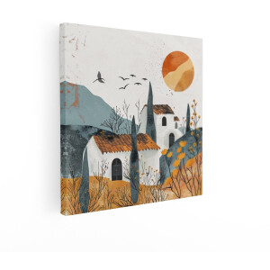 Artaza Canvas Schilderij Zonsondergang boven een Rustiek Mediterraan Dorp met Cipressen en Bloemen - 90x90 cm - Groot - Wanddecoratie Woonkamer - Schilderijen - Muurdecoratie