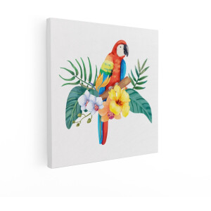 Artaza Canvas Schilderij Kleurrijke Ara Zit op een Tak Omringd door Tropische Bloemen en Bladeren - 70x70 cm - Wanddecoratie Woonkamer - Schilderijen - Muurdecoratie