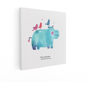 Artaza Canvas Schilderij Schattige Blauwe Nijlpaard met Vogels op Zijn Rug - Aquarel Stijl - 50x50 cm - Wanddecoratie Woonkamer - Schilderijen - Muurdecoratie