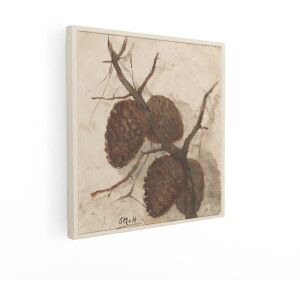 Artaza Canvas Schilderij Schilderij van Dennenappels aan een Tak in Bruine en Grijze Tinten - 50x50 cm - Wanddecoratie Woonkamer - Schilderijen - Muurdecoratie