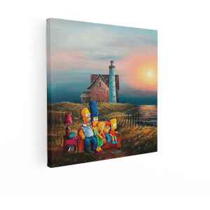 Artaza Canvas Schilderij De Simpsons - 50x50 cm - Wanddecoratie Vuurtoren - Muurdecoratie Zonsondergang - Schilderijen Familie Kust