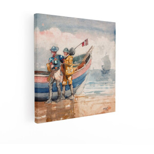 Artaza Canvas Schilderij Twee Vissers met hun Uitrusting Lopen langs een Boot op het Strand - 40x40 cm - Wanddecoratie Woonkamer - Schilderijen - Muurdecoratie