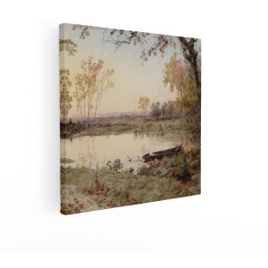 Artaza Canvas Schilderij Schilderachtige Waterverf van een Rustige Rivier met een Boot in de Herfst - 70x70 cm - Wanddecoratie Woonkamer - Schilderijen - Muurdecoratie