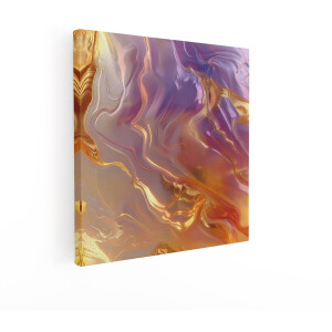 Artaza Canvas Schilderij Abstract Gouden en Paarse Marmertextuur met Vloeiende Lijnen en Glans - 70x70 cm - Wanddecoratie Woonkamer - Schilderijen - Muurdecoratie