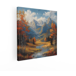 Artaza Canvas Schilderij Bergen - 40x40 cm - Wanddecoratie Landschap - Muurdecoratie Herfstbos - Decoratie Rivier - Schilderijen Op Canvas
