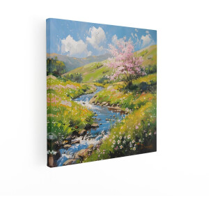 Artaza Canvas Schilderij Schilderachtige Lente met Bloeiende Kersenboom en Kabbelend Beekje in de Natuur - 40x40 cm - Wanddecoratie Woonkamer - Schilderijen - Muurdecoratie