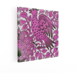 Artaza Canvas Schilderij Roze Vogel met Bloemen en Bladeren in een Decoratief Patroon - 70x70 cm - Wanddecoratie Woonkamer - Schilderijen - Muurdecoratie