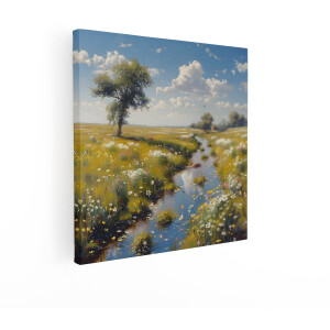 Artaza Canvas Schilderij Landschap - 50x50 cm - Wanddecoratie Bloemenveld - Muurdecoratie Natuur - Decoratie Beekje Woonkamer