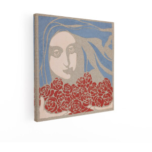 Artaza Canvas Schilderij Vrouw met Blauw haar en Rode Rozen in Art Nouveau Stijl - 50x50 cm - Wanddecoratie Woonkamer - Schilderijen - Muurdecoratie