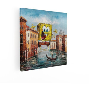 Artaza Canvas Schilderij Spongebob - 50x50 cm - Wanddecoratie Venetië - Muurdecoratie Olieverfschilderij - Decoratie Surrealisme Gondel