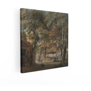 Artaza Canvas Schilderij 18E-Eeuwse Boerderijscène met Mensen - Paarden en Honden in een Landelijke Omgeving - 50x50 cm - Wanddecoratie Woonkamer - Schilderijen - Muurdecoratie