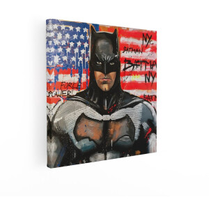 Artaza Canvas Schilderij Artistieke Weergave van Batman met Amerikaanse Vlag en New Yorkse Elementen - 90x90 cm - Groot - Wanddecoratie Woonkamer - Schilderijen - Muurdecoratie