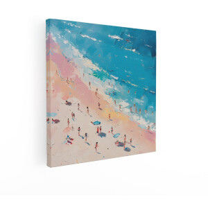 Artaza Canvas Schilderij Levendige Strandscène met Mensen Die Genieten van de Zon en de Zee in een Impressionistische Stijl - 70x70 cm - Wanddecoratie Woonkamer - Schilderijen - Muurdecoratie