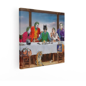 Artaza Canvas Schilderij De Joker en Batman Vieren een Duister Diner met een Tijger en Geld - 90x90 cm - Groot - Wanddecoratie Woonkamer - Schilderijen - Muurdecoratie