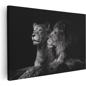 Artaza Canvas Schilderij Leeuw En Leeuwin - 90x60 cm - Wanddecoratie Dieren - Muurdecoratie Zwart Wit - Schilderijen Op Canvas