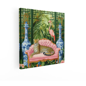 Artaza Canvas Schilderij Luipaard - 50x50 cm - Wanddecoratie Flamingo - Muurdecoratie Botanische Tuin - Decoratie Delfts Blauw - Roze