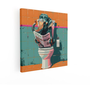 Artaza Canvas Schilderij Grappige Olifant Zit op Toilet en Leest Krant in een Kleurrijke Badkamer - 70x70 cm - Wanddecoratie Woonkamer - Schilderijen - Muurdecoratie