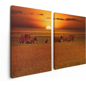 Artaza Canvas Schilderij Tweeluik Olifanten In Het Wild - Zonsondergang - 120x80 - Foto Op Canvas - Canvas Print