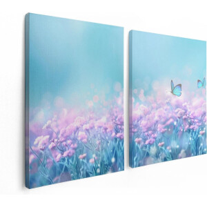 Artaza Canvas Schilderij Tweeluik Twee Blauwe Vlinders Bij Roze Bloemen - 120x80 - Foto Op Canvas - Canvas Print
