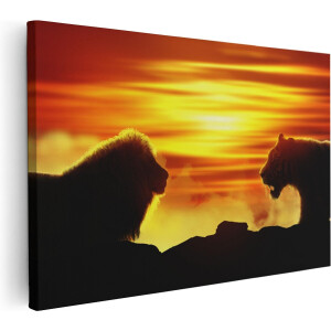 Artaza Canvas Schilderij Leeuw En Tijger - 120x80 cm - Groot - Wanddecoratie Dieren - Muurdecoratie Zonsondergang - Schilderijen Op Canvas