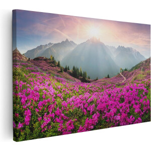 Artaza Canvas Schilderij Berglandschap - 90x60 cm - Wanddecoratie Bloemenveld - Muurdecoratie Bergen - Decoratie Zonsopgang