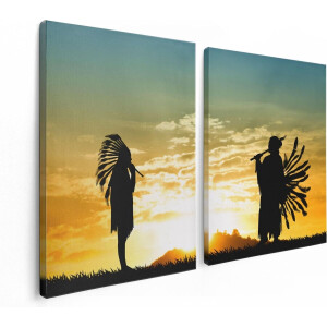 Artaza Canvas Schilderij Tweeluik Twee Silhouetten van Indianen bij Zonsondergang - 120x80 - Foto Op Canvas - Canvas Print