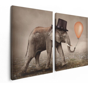 Artaza Canvas Schilderij Tweeluik Olifant Met Een Oranje Ballon - Hoedje - 120x80 - Foto Op Canvas - Canvas Print