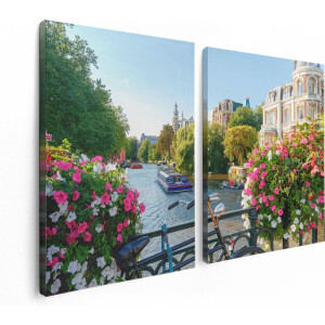 Artaza Canvas Schilderij Tweeluik Amsterdamse Kanaal Met Bloemen - 120x80 - Foto Op Canvas - Canvas Print