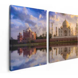 Artaza Canvas Schilderij Tweeluik Taj Mahal bij het Water in India - 120x80 - Foto Op Canvas - Canvas Print