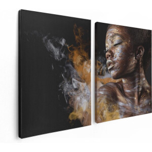 Artaza Canvas Schilderij Tweeluik Afrikaanse Vrouw Met Zilver En Goud - 120x80 cm - Wanddecoratie Woonkamer - Schilderijen - Muurdecoratie