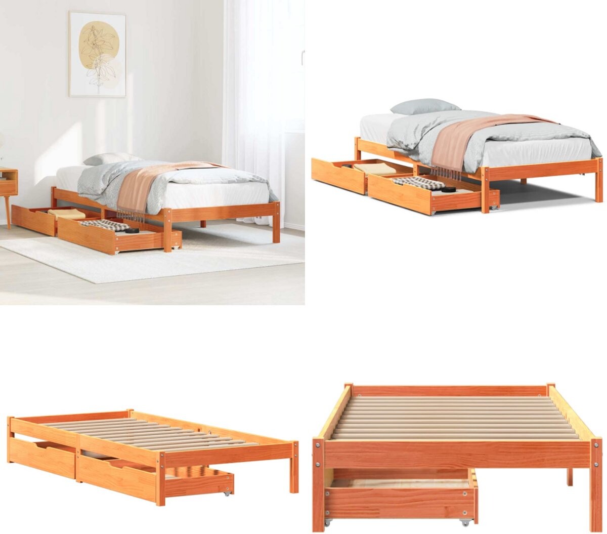 vidaXL Bedframe zonder matras massief grenenhout wasbruin 75x190 cm - Bedframe - Bedframes - Bed - Bedbodem