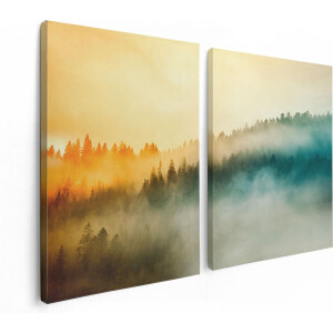 Artaza Canvas Schilderij Tweeluik Kleurrijke Zonsopgang In Het Bos Met Mist - 120x80 - Foto Op Canvas - Canvas Print
