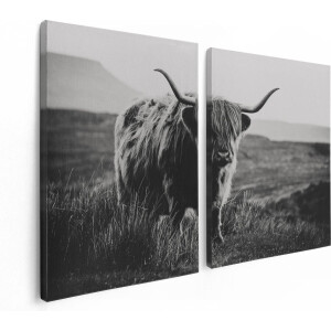 Artaza Canvas Schilderij Tweeluik Schotse Hooglander Koe - Zwart Wit - 120x80 - Foto Op Canvas - Canvas Print