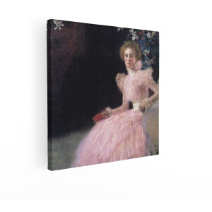 Artaza Canvas Schilderij Portret van een Vrouw in een Roze Jurk met een Rode Waaier - Geschilderd door Gustav Klimt - 50x50 cm - Wanddecoratie Woonkamer - Schilderijen - Muurdecoratie