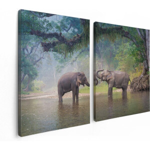 Artaza Canvas Schilderij Tweeluik Twee Olifanten In Het Water - 120x80 - Foto Op Canvas - Canvas Print