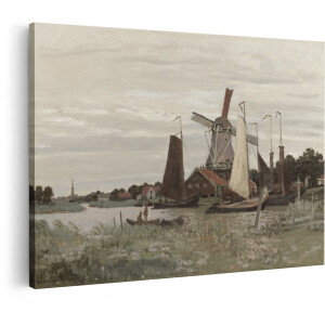 Artaza Canvas Schilderij Schilderij van een Molen en Boten op een Nederlandse Waterweg - 60x40 cm - Wanddecoratie Woonkamer - Schilderijen - Muurdecoratie