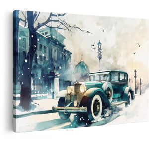Artaza Canvas Schilderij Klassieke Auto in de Sneeuw - Aquarel - Winterse Sfeer met Gebouwen - 30x20 cm - Klein - Wanddecoratie Woonkamer - Schilderijen - Muurdecoratie