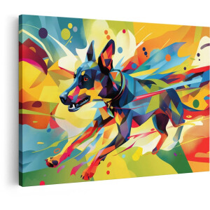 Artaza Canvas Schilderij Abstracte Hond in Beweging met Levendige Geometrische Vormen en Felle Kleuren - 30x20 cm - Klein - Wanddecoratie Woonkamer - Schilderijen - Muurdecoratie