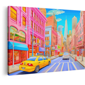 Artaza Canvas Schilderij Levendige Stadstraat met Gele Taxi'S en Kleurrijke Gebouwen in de Zon - 90x60 cm - Wanddecoratie Woonkamer - Schilderijen - Muurdecoratie