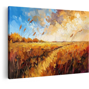 Artaza Canvas Schilderij Impressionistisch Landschap met Gouden Velden en Wapperende Grassen onder een Blauwe Hemel - 90x60 cm - Wanddecoratie Woonkamer - Schilderijen - Muurdecoratie