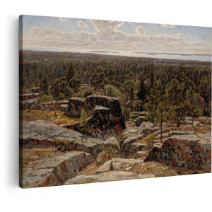 Artaza Canvas Schilderij Schilderachtig Uitzicht op een Uitgestrekt Boslandschap met Rotsachtige Voorgrond en Water in de Verte - 30x20 cm - Klein - Wanddecoratie Woonkamer - Schilderijen - Muurdecoratie