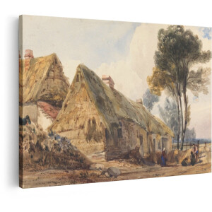 Artaza Canvas Schilderij Schilderachtige Waterverf van een Dorp met Rieten Daken en Mensen - 30x20 cm - Klein - Wanddecoratie Woonkamer - Schilderijen - Muurdecoratie