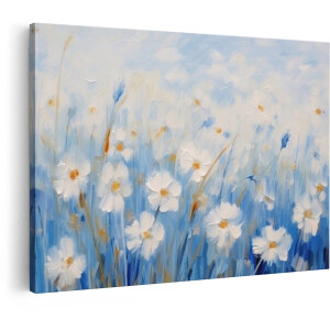 Artaza Canvas Schilderij Abstracte Olieverfschilderij van Witte Bloemen in een Blauw Veld - 90x60 cm - Wanddecoratie Woonkamer - Schilderijen - Muurdecoratie