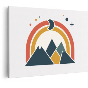 Artaza Canvas Schilderij Abstracte Regenboog met Bergen en Maan in Retro Kleurenpalet - 60x40 cm - Wanddecoratie Woonkamer - Schilderijen - Muurdecoratie