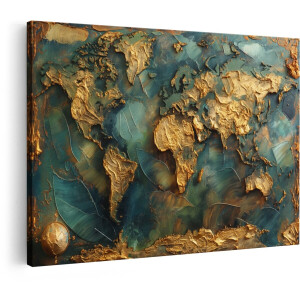 Artaza Canvas Schilderij Wereldkaart - 90x60 cm - Wanddecoratie Abstract - Muurdecoratie Goud - Decoratie Woonkamer - Groen