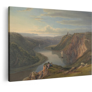 Artaza Canvas Schilderij Romantisch Landschap met Rivier - Schepen en twee Figuren Die Uitkijken over de Vallei - 120x80 cm - Groot - Wanddecoratie Woonkamer - Schilderijen - Muurdecoratie